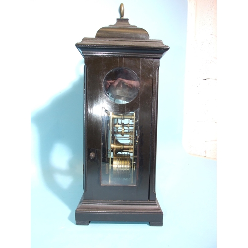 80 - JOHN RAYMENT, HUNTINGDON. A MID-18TH CENTURY EBONISED INVERTED BELL-TOP BRACKET CLOCK, the case surm... 