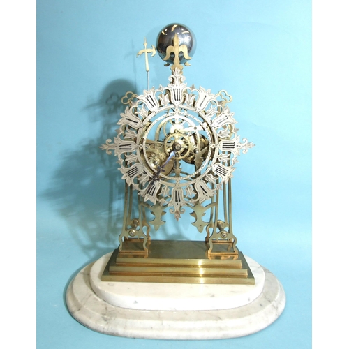 83 - A 19th century brass skeleton clock, the frame of simple Gothic design surmounted by trefoils and ra... 