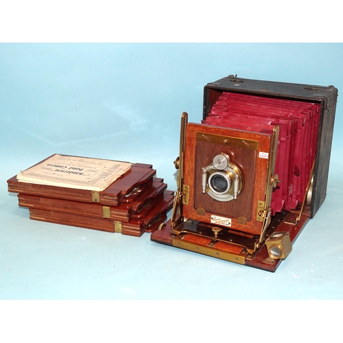 187 - A Junior Sanderson mahogany and brass plate camera with Beck Symmetrical lens, red leather bellows, ... 