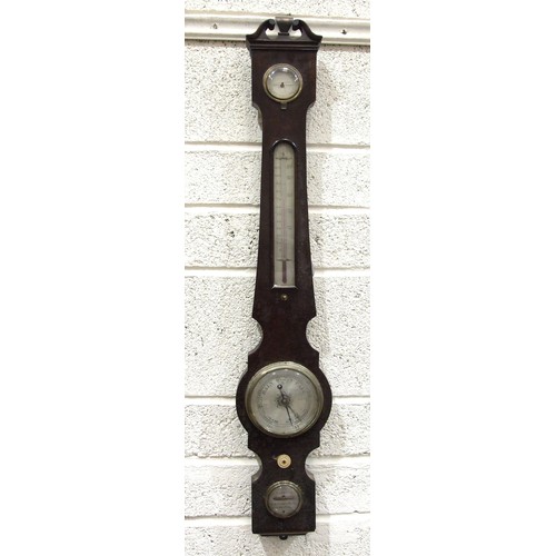 87 - A mahogany wheel barometer, the narrow case with silvered dry/damp, thermometer and spirit level dia... 