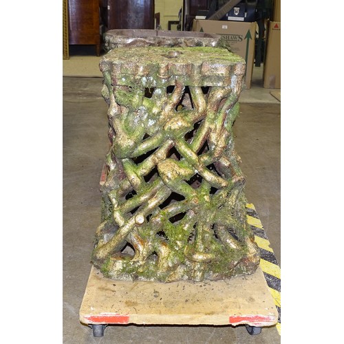 70 - A pair of salt-glazed stoneware garden seats in the form of intertwined roots with oak leaf seat, 47... 