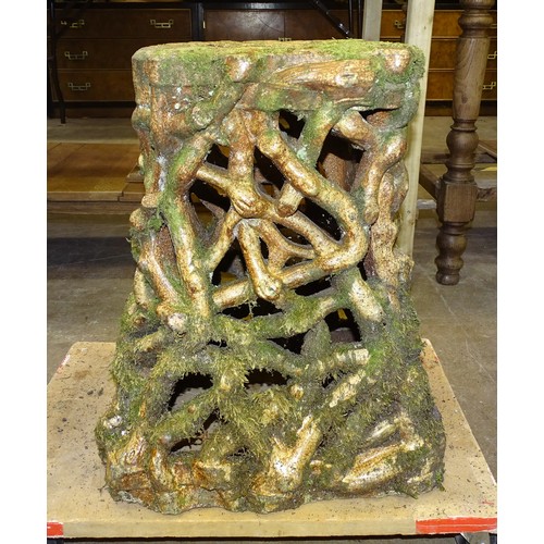 70 - A pair of salt-glazed stoneware garden seats in the form of intertwined roots with oak leaf seat, 47... 