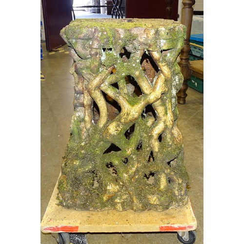 70 - A pair of salt-glazed stoneware garden seats in the form of intertwined roots with oak leaf seat, 47... 