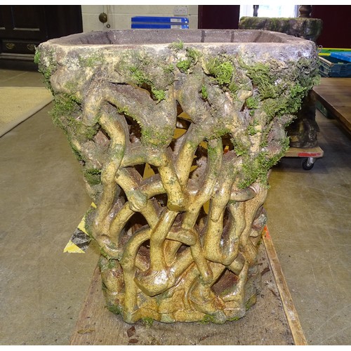 70 - A pair of salt-glazed stoneware garden seats in the form of intertwined roots with oak leaf seat, 47... 