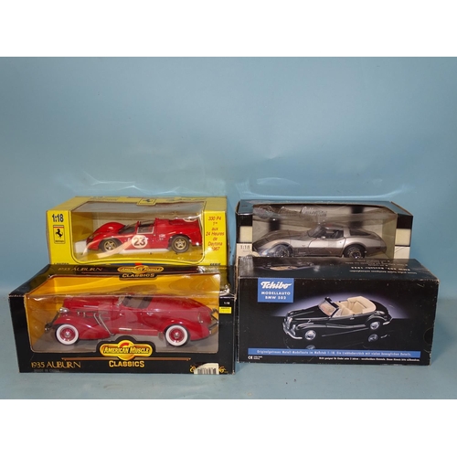 110 - Four boxed 1/18 scale diecast sports cars: Ertl 1935 Auburn, Revell Ferrari 330 P4, Tchib BMW502 and... 