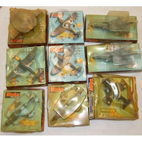 169 - Nine Dinky diecast aircraft models, no.s 722 (x2), 719 (x2), 721 (x2), 725 and 729 (x2), (all boxed)... 