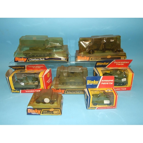 170 - Seven Dinky military vehicles: Scorpion Tank 690 (x2), 88mm Gun 656, Chieftain Tank 683, Striker Ant... 