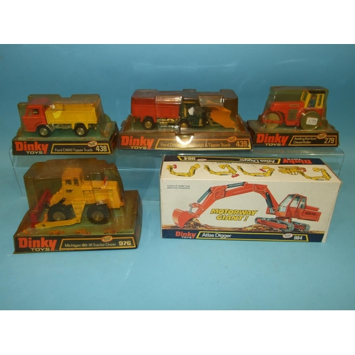 171 - Five Dinky construction vehicles: Michigan 180-111 Tractor Dozer 976, Aveling-Barford Diesel Roller ... 