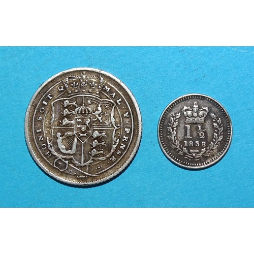 360 - A George III 1816 sixpence, a Victoria 1838 three-halfpence and a collection of silver threepences: ... 