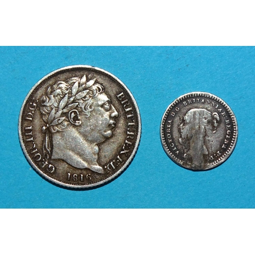 360 - A George III 1816 sixpence, a Victoria 1838 three-halfpence and a collection of silver threepences: ... 