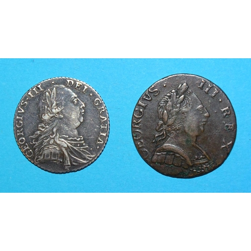 371 - A George III 1787 shilling and a 1774 halfpenny, (2).