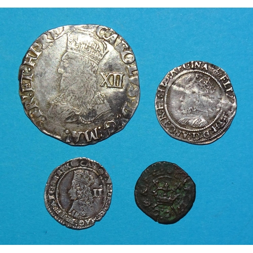 373 - An Elizabeth I hammered silver threepence 1568, a Charles I hammered silver shilling, a Charles II h... 