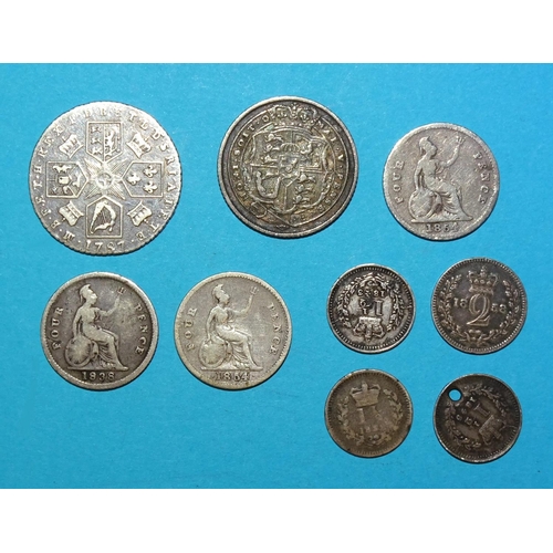 377 - George III 1787 and 1817 sixpences, a Victoria 1846 half-crown, an 1838 twopence, 1843 halfpence (x3... 