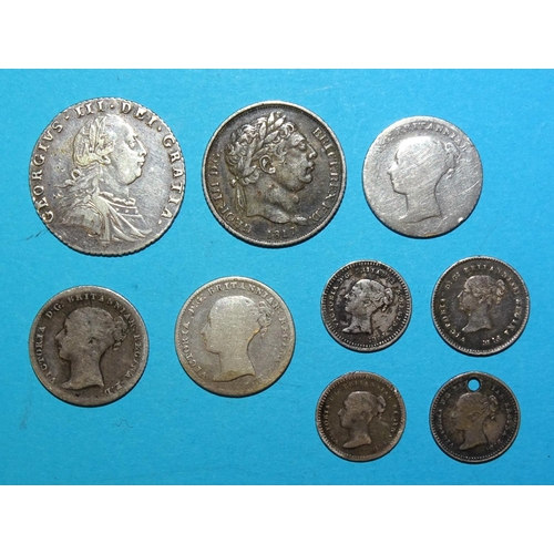 377 - George III 1787 and 1817 sixpences, a Victoria 1846 half-crown, an 1838 twopence, 1843 halfpence (x3... 