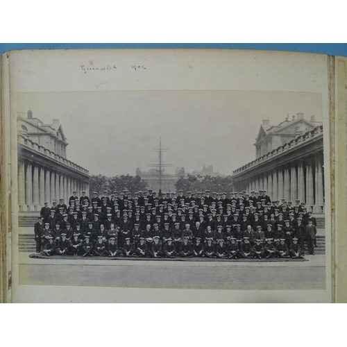 46 - An album of early-20th century naval photographs, including HMS Britannia & HMS Hindostan, crew,... 