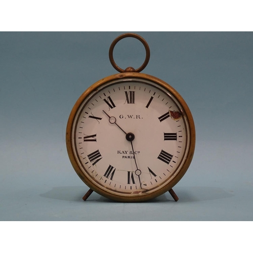 532 - A Great Western Railway (GWR) brass drum clock, with GWR, Kay & Co, Paris on the 8.5cm enamel di... 