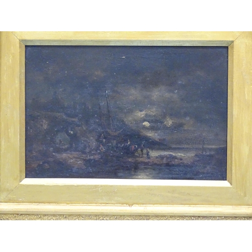 54 - Style of H. Pether UNLOADING BY MOONLIGHT Unsigned oil on panel, 19 x 29cm, inscribed on frame 