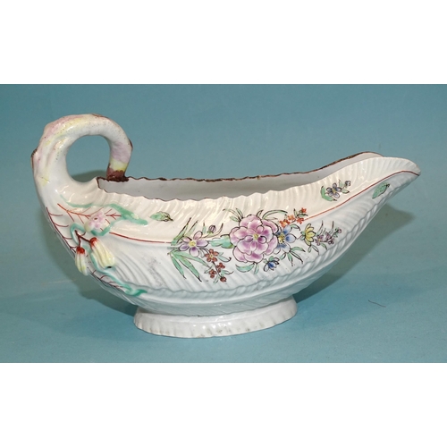 87 - A Worcester 'cos lettuce' moulded sauce boat with famille-rosed decoration, 10cm high, 18.5cm long.... 