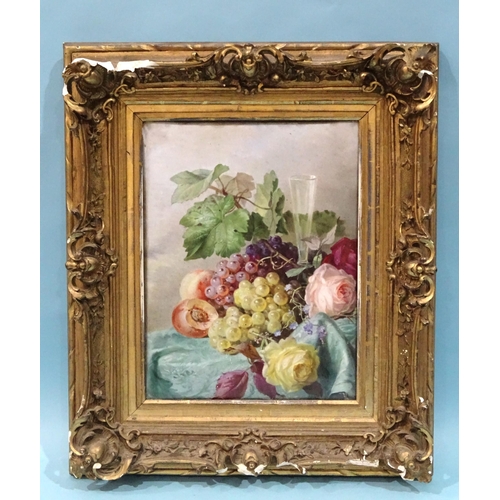 100 - A late-19th century Continental porcelain rectangular plaque painted with still life, a glass amid f... 