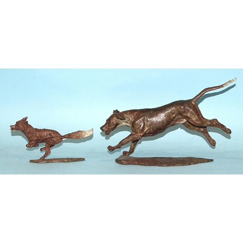 102 - Sally Rutherford (b.1940), a cold-painted bronze figure of a fox and another of a hound, both on sig... 