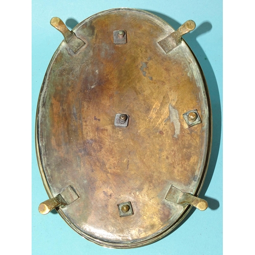 114 - An unusual 18th century brass standish or desk set, the oval tray with removable pounce pot, fixed i... 