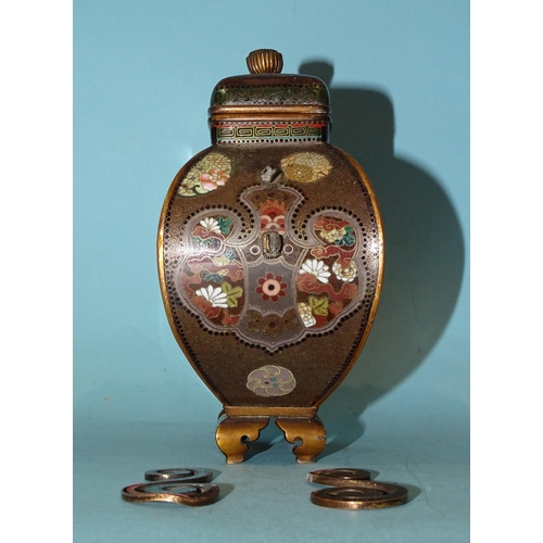 116 - A small Japanese cloisonné enamel vase and cover of four-sided  bombe shape, on gilt metal bracket f... 