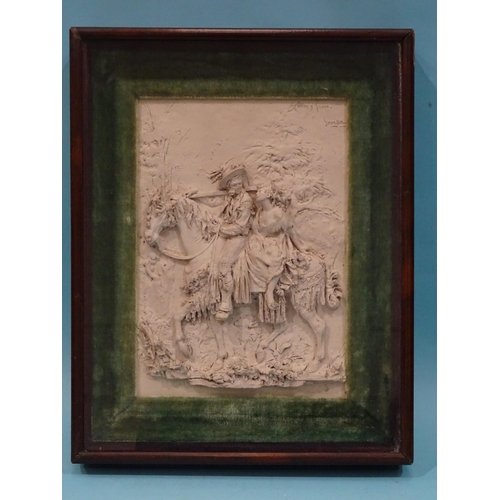 117 - A plaster relief plaque titled A Penar. Leon Sevilla?, with two figures on horseback, within a glaze... 