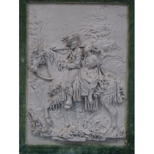 117 - A plaster relief plaque titled A Penar. Leon Sevilla?, with two figures on horseback, within a glaze... 