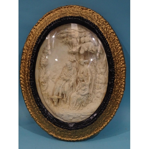 117 - A plaster relief plaque titled A Penar. Leon Sevilla?, with two figures on horseback, within a glaze... 