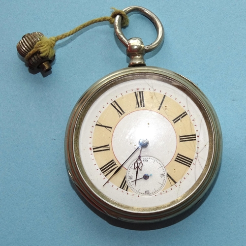 136 - An open-face pocket watch on heavy silver fancy-link watch chain with medallions.