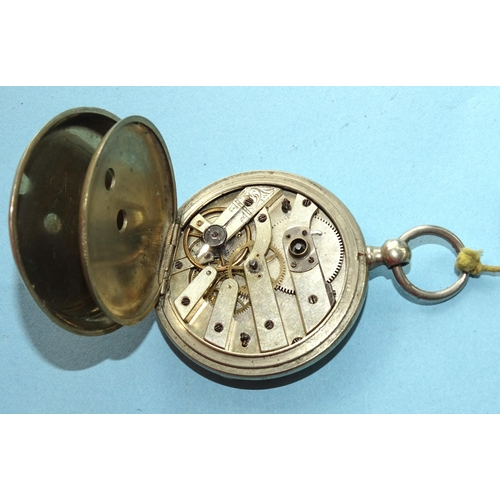 136 - An open-face pocket watch on heavy silver fancy-link watch chain with medallions.