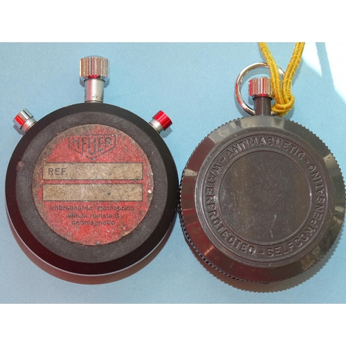 143 - Heuer, a steel-cased stopwatch with white dial, 58mm and cal 7711 movement, (bow missing) and a Hanh... 