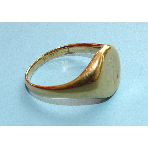 240 - A gold signet ring, (marks rubbed), tested as approximately 18ct gold, size P, 8.4g.... 