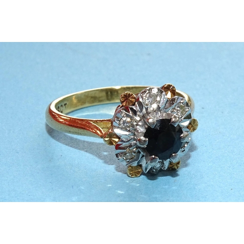 243 - An 18ct gold ring set sapphire and 8/8-cut diamond cluster, size O, 6.4g.