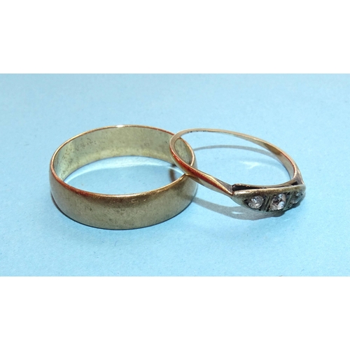244 - A 9ct gold wedding band, size R and a small ring set three paste stones, size L&frac12;, 3.5g.... 