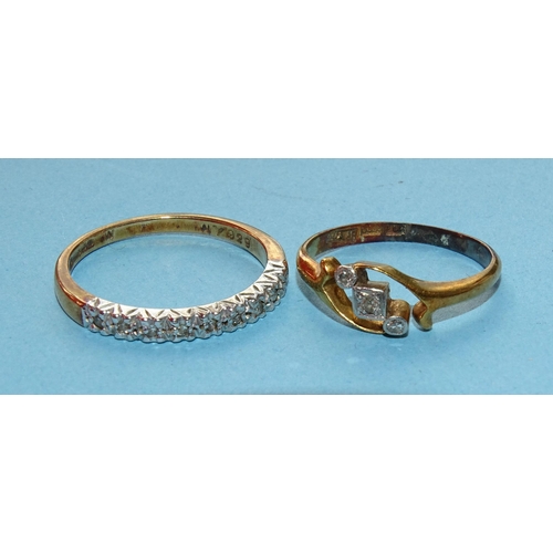 257 - A small 18ct gold ring set three 8/8-cut diamonds, size I&frac12;, 2g and a 9ct gold ring set nine d... 