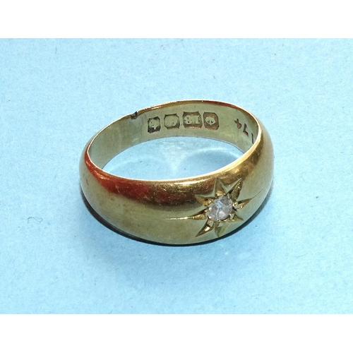269 - An 18ct gold gipsy ring set an old-cut diamond, size I&frac12;, 4.8g.