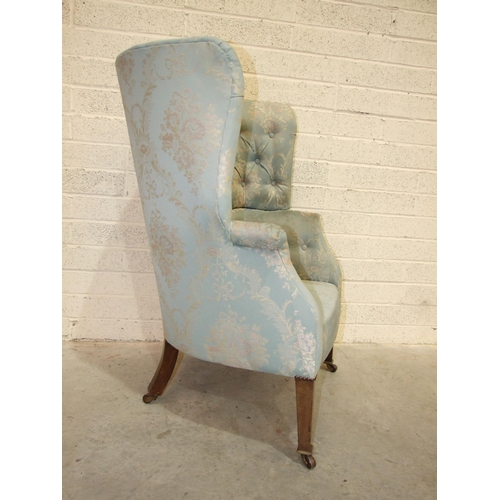 27 - A late-Victorian tub-shaped wing armchair with button back, on square tapered legs, 110cm high, 42cm... 