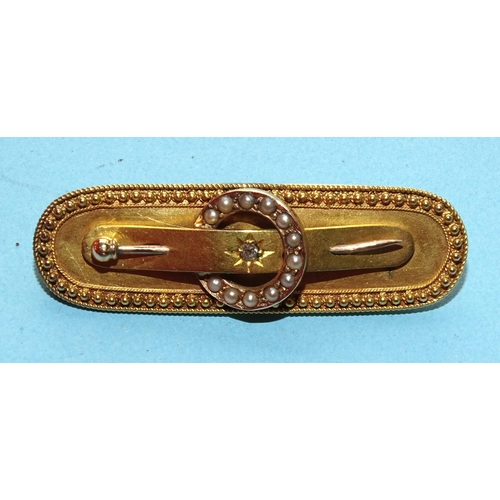 275 - A Victorian 15ct gold circle and pin bar brooch set diamond point and seed pearls within cannetile-d... 