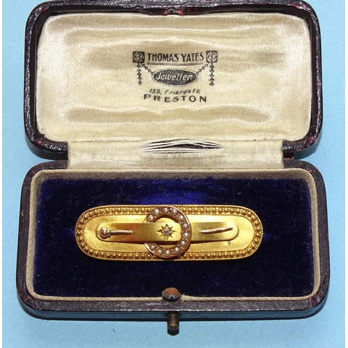 275 - A Victorian 15ct gold circle and pin bar brooch set diamond point and seed pearls within cannetile-d... 