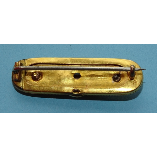 275 - A Victorian 15ct gold circle and pin bar brooch set diamond point and seed pearls within cannetile-d... 