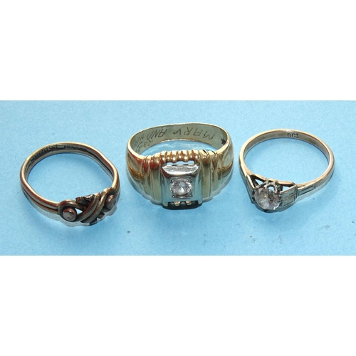 280 - Three 9ct gold rings, two set synthetic white stones, 7.5g.