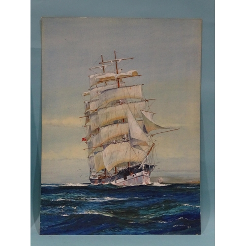 43 - 20th century indistinctly-signed THREE-MASTED SCHOONER FLYING THE RED ENSIGN, HARBINGER?, WITH ANOTH... 