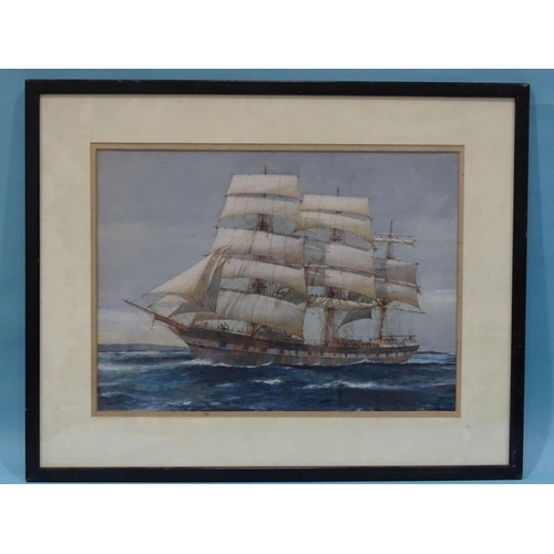 43 - 20th century indistinctly-signed THREE-MASTED SCHOONER FLYING THE RED ENSIGN, HARBINGER?, WITH ANOTH... 