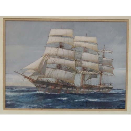 43 - 20th century indistinctly-signed THREE-MASTED SCHOONER FLYING THE RED ENSIGN, HARBINGER?, WITH ANOTH... 