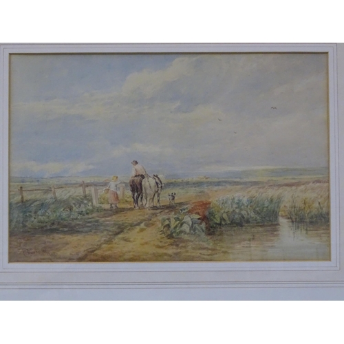 45 - In the manner of David Cox TRUTHFULNESS OF WORK, TWO FIGURES WITH TWO HORSES AND A DOG RETURNING FRO... 