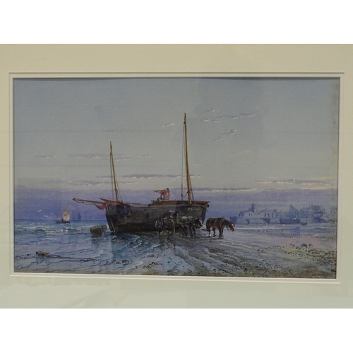 49 - George Wolfe (1834-1890) BEACHED PENZANCE TRAWLER WITH FIGURES, HORSES AND CART Signed watercolour, ... 