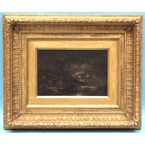 54 - Style of H. Pether UNLOADING BY MOONLIGHT Unsigned oil on panel, 19 x 29cm, inscribed on frame 