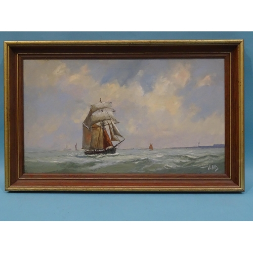 55 - Vic Ellis (1921-1984) TOPS'L SCHOONER Signed oil on canvas, titled verso, 34 x 59cm and another SAIL... 