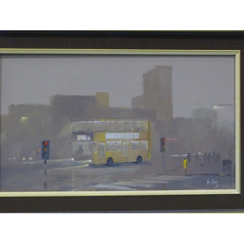 56 - Vic Ellis (1921-1984) DOUBLE-DECKER BUS TRAVELLING THROUGH A TOWN CENTRE, WITH FIGURES, BUILDINGS AN... 